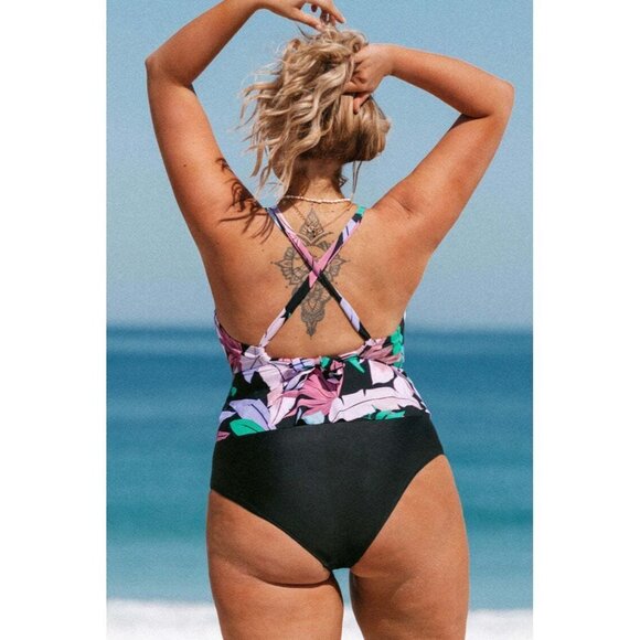 Tropicool Leaf Peplum Tankini Classic Tummy Control Plus Size Set Size 2X - Picture 2 of 4